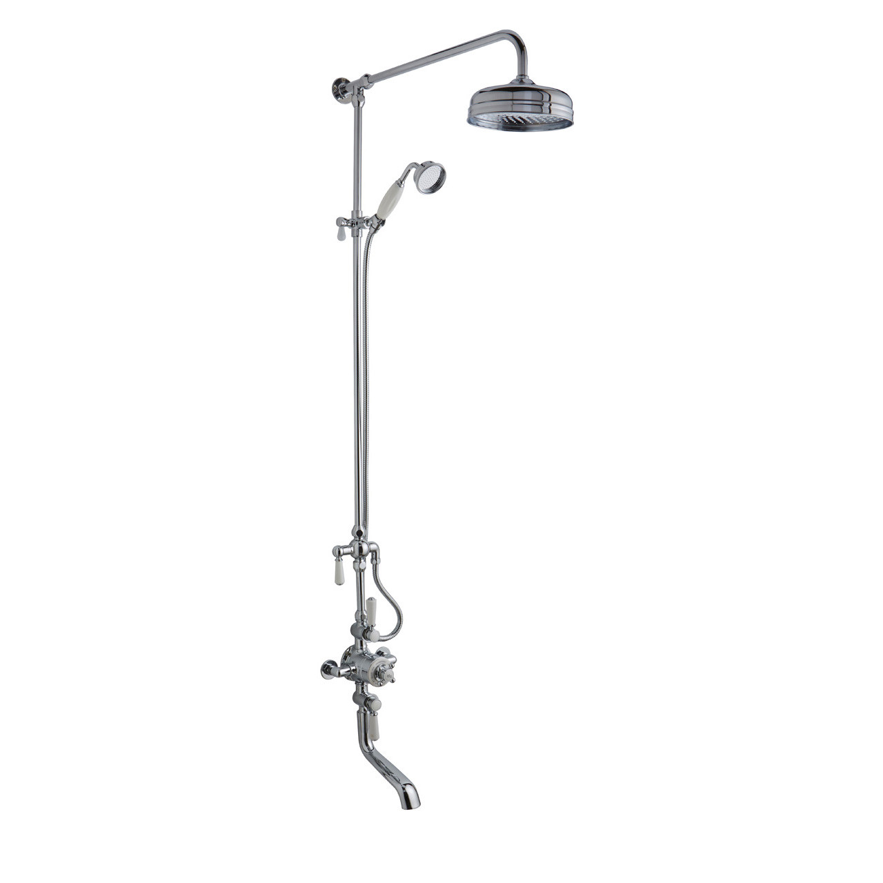 Old London Topaz White Lever Exposed Triple Thermostatic Shower Valve with Bath Spout and Rigid Riser Shower Kit with 2 Outlets