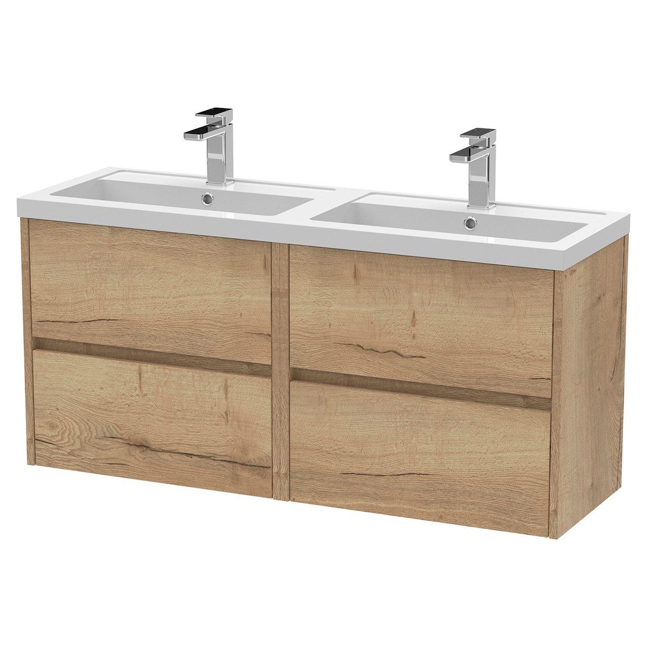 Nuie Havana Woodgrain Wall Hung 4 Drawer Vanity Unit with Double Poylymarble Basins