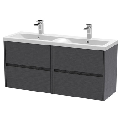 Nuie Graphite Grey Havana Woodgrain Wall Hung Drawer Vanity Unit With Double Ceramic Basins | | Mdf | 1200Mm Size 4