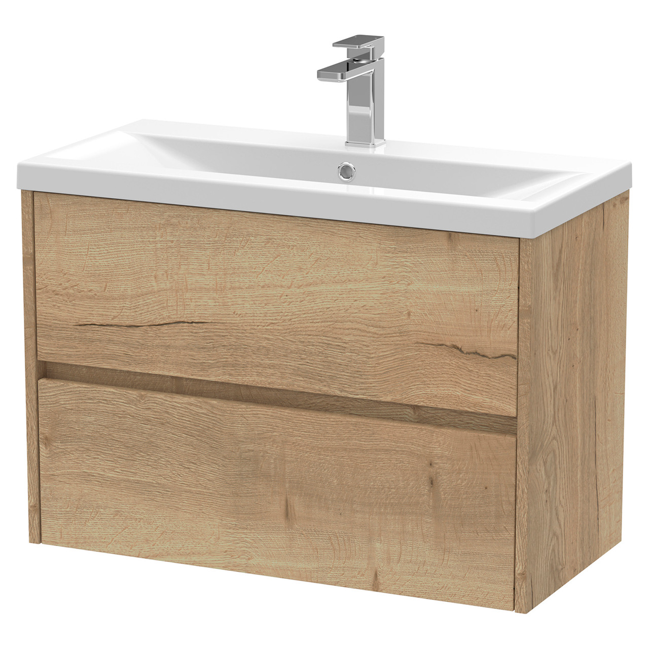 Nuie Havana Woodgrain Wall Hung 2 Drawer Vanity Unit and Mid Edge Ceramic Basin