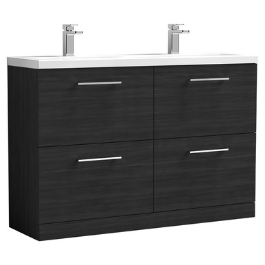 Nuie Charcoal Black Arno Woodgrain 4 Drawer Vanity Unit With Double Ceramic Basins | | Mfc | 1200Mm
