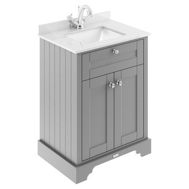 Old London Storm Grey Woodgrain Door Vanity Unit With White Marble Coutnertop And Square Ceramic Basin | | Mdf | 600Mm Size 2