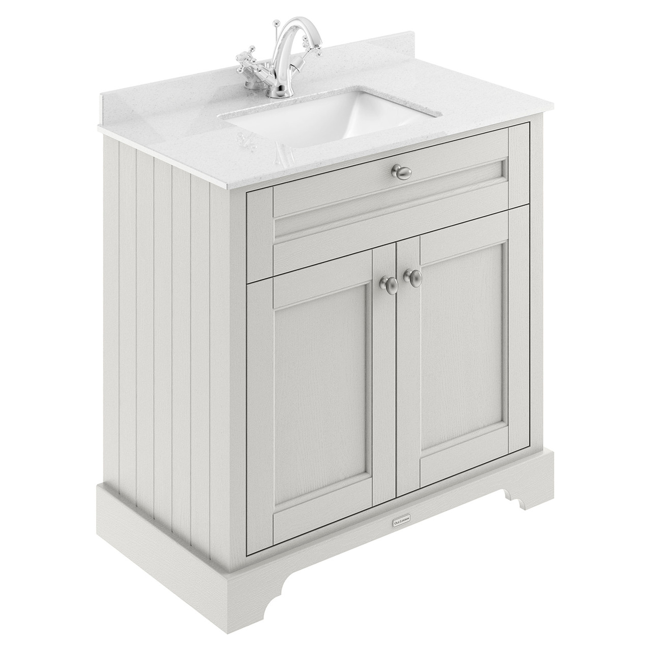Old London Woodgrain 2 Door Vanity Unit with White Marble Countertop and Square Ceramic Basin