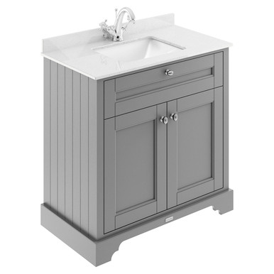Old London Storm Grey Woodgrain Door Vanity Unit With White Marble Coutnertop And Square Ceramic Basin | | Mdf | 800Mm Size 2