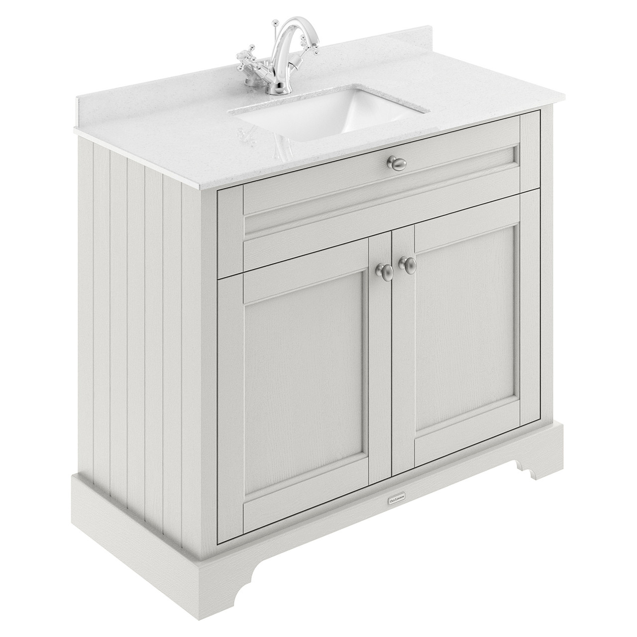 Old London Woodgrain 2 Door Vanity Unit with White Marble Countertop and Square Ceramic Basin