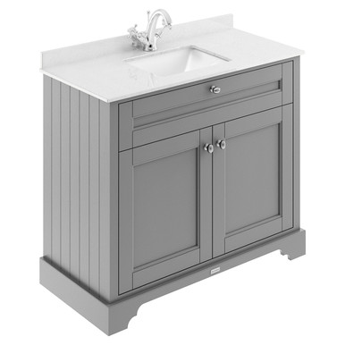 Old London Storm Grey Woodgrain Door Vanity Unit With White Marble Coutnertop And Square Ceramic Basin | | Mdf | 1000Mm Size 2