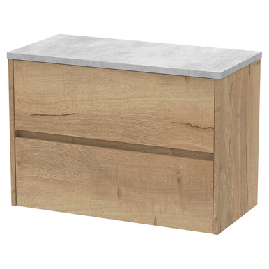 Nuie Autumn Oak Havana Woodgrain Wall Hung 2 Drawer Vanity Unit With Bellato Grey Worktop | | Mfc | 800Mm