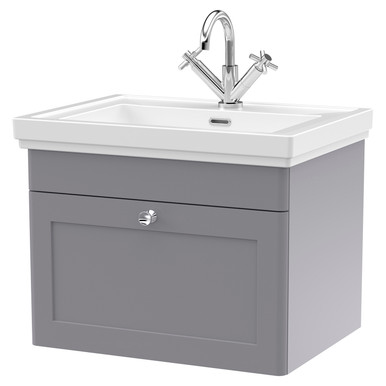 Nuie Satin Grey Classique Wall Hung Single Drawer Vanity Unit And Classic Fireclay Basin With Tap Hole | | Mfc | 600Mm Size 1