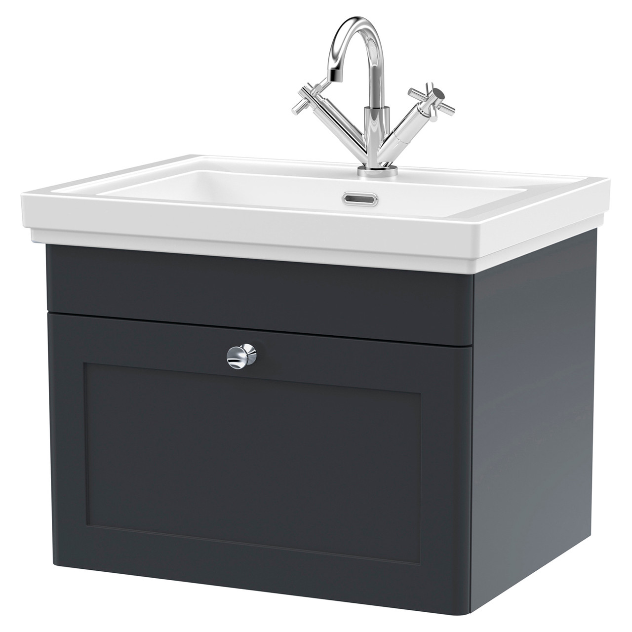 Nuie Classique Satin Wall Hung Single Drawer Vanity Unit and Classic Fireclay Basin with 1 Tap Hole