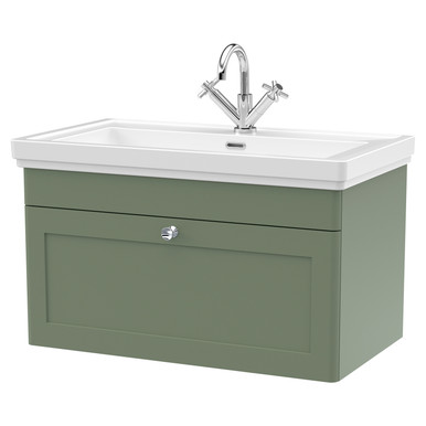 Nuie Satin Green Classique Wall Hung Single Drawer Vanity Unit And Classic Fireclay Basin With 1 Tap Hole | | Mdf | 800Mm