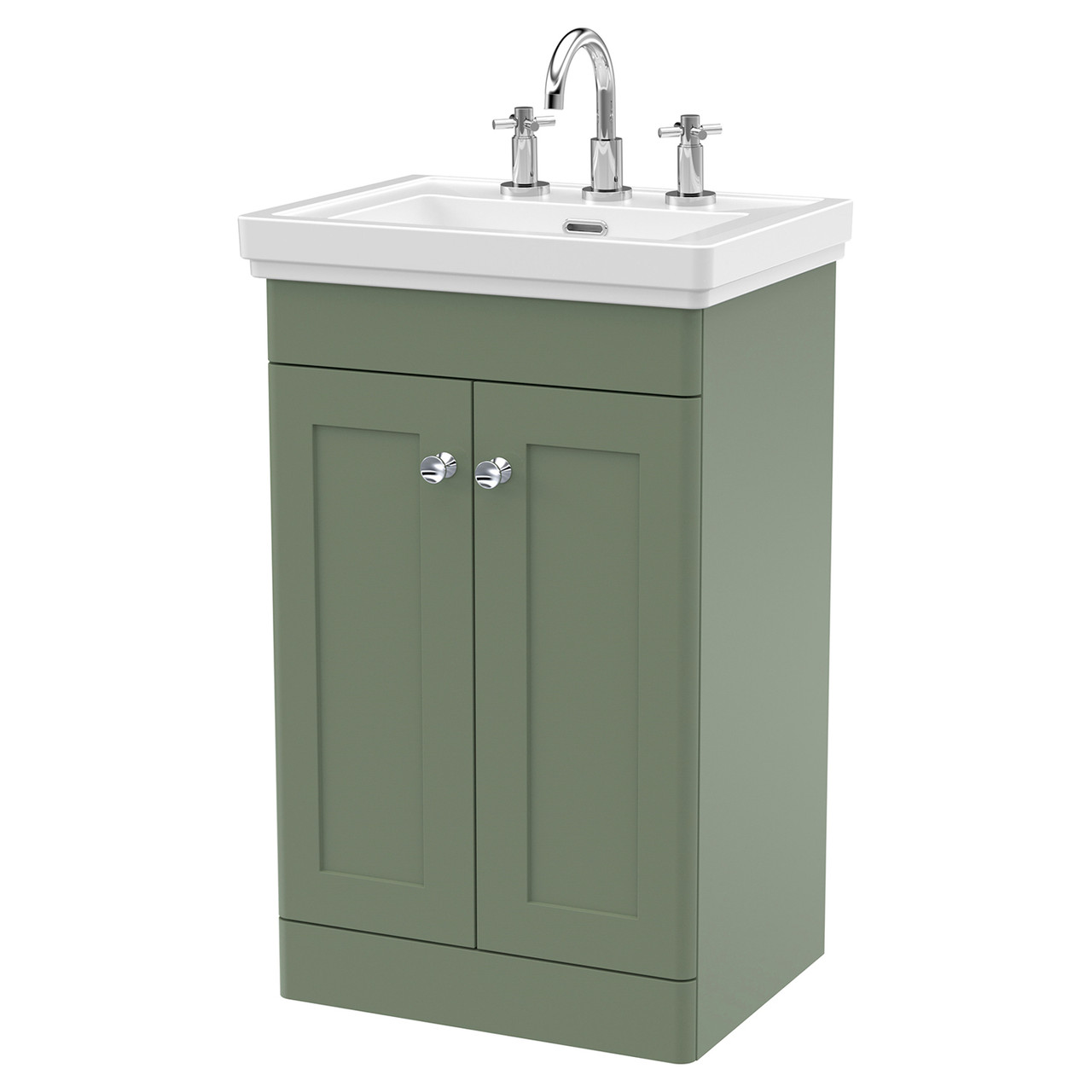 Nuie Satin Green Classique 2 Door Vanity Unit And Classic Fireclay Basin With 3 Tap Holes | | Mdf | 500Mm