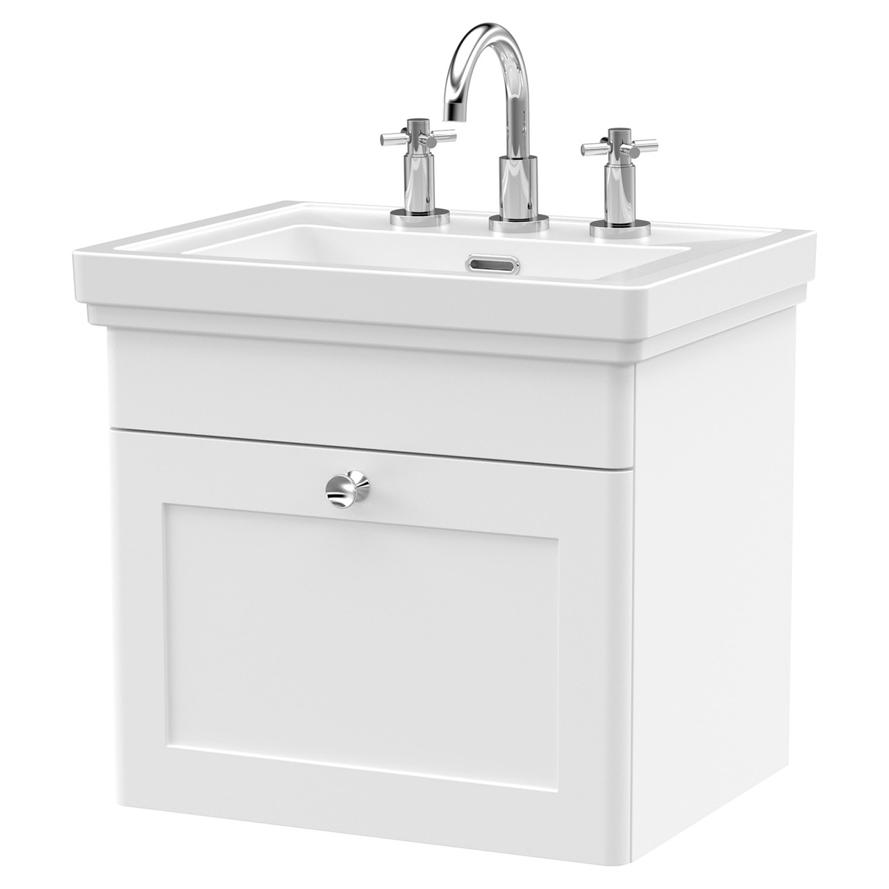 Nuie Satin White Classique Wall Hung Single Drawer Vanity Unit And Classic Fireclay Basin With 3 Tap Holes | | Mdf | 500Mm