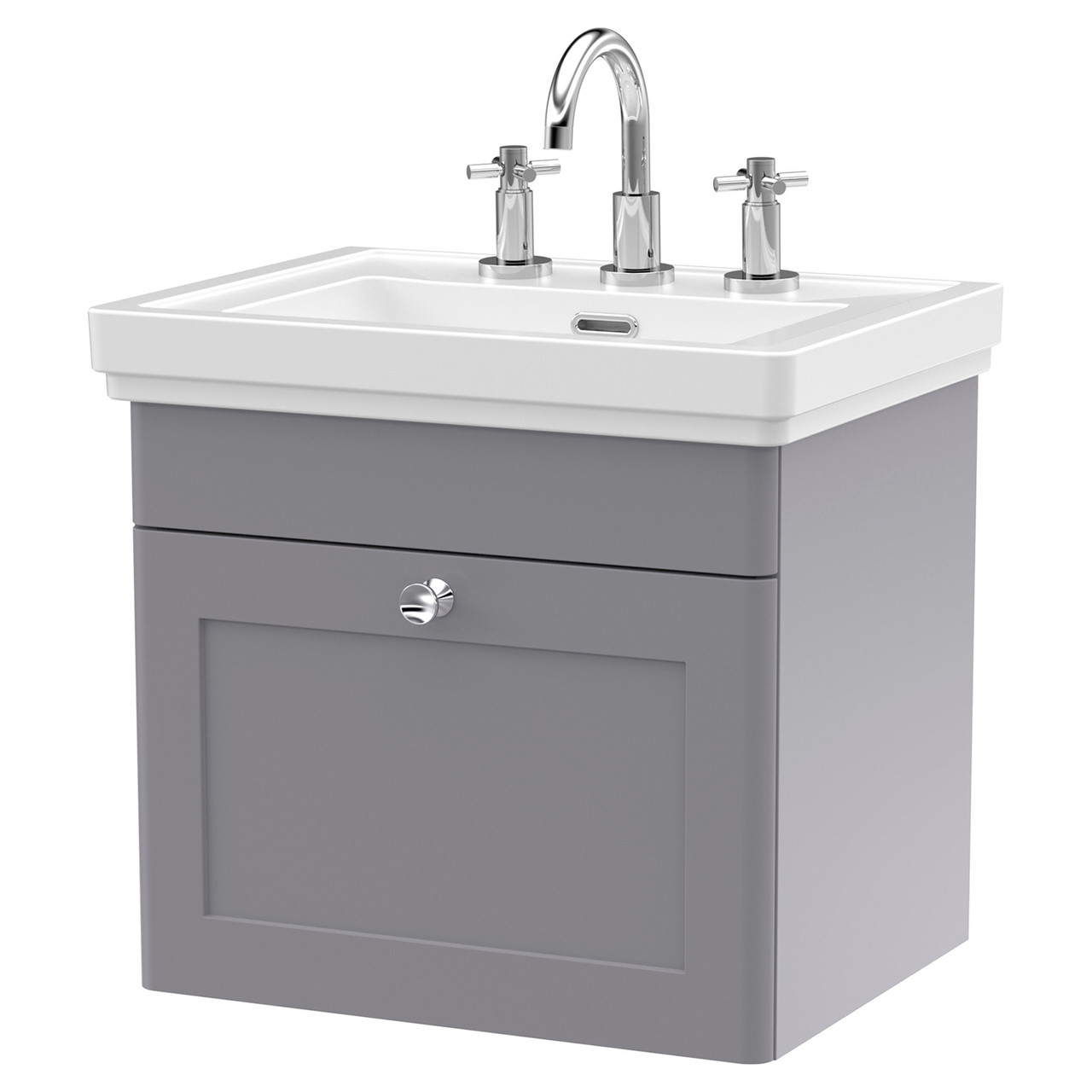 Nuie Classique Wall Hung Single Drawer Vanity Unit and Classic Fireclay Basin with 3 Tap Holes