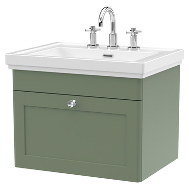 Nuie Satin Green Classique Wall Hung Single Drawer Vanity Unit And Classic Fireclay Basin With Tap Holes | | Mfc | 600Mm Size 3