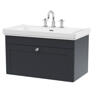 Nuie Soft Black Classique Satin Wall Hung Single Drawer Vanity Unit And Classic Fireclay Basin With 3 Tap Holes | | Mdf | 800Mm