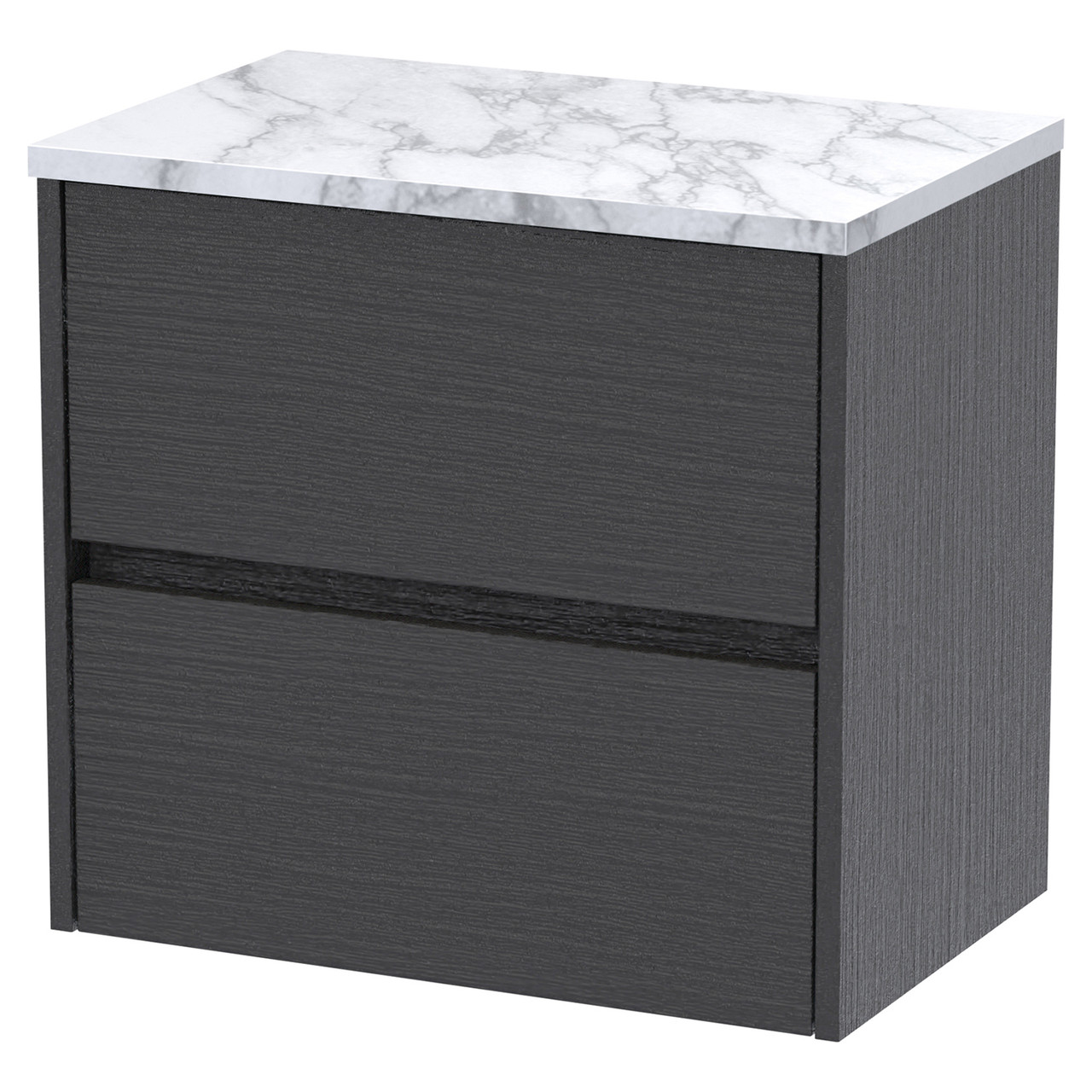 Nuie Havana Woodgrain Wall Hung 2 Drawer Vanity Unit with Carrera Marble Laminate Worktop
