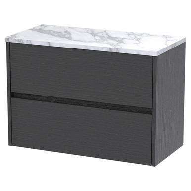 Nuie Graphite Grey Havana Woodgrain Wall Hung 2 Drawer Vanity Unit With Carrera Marble Laminate Worktop | | Mfc | 800Mm