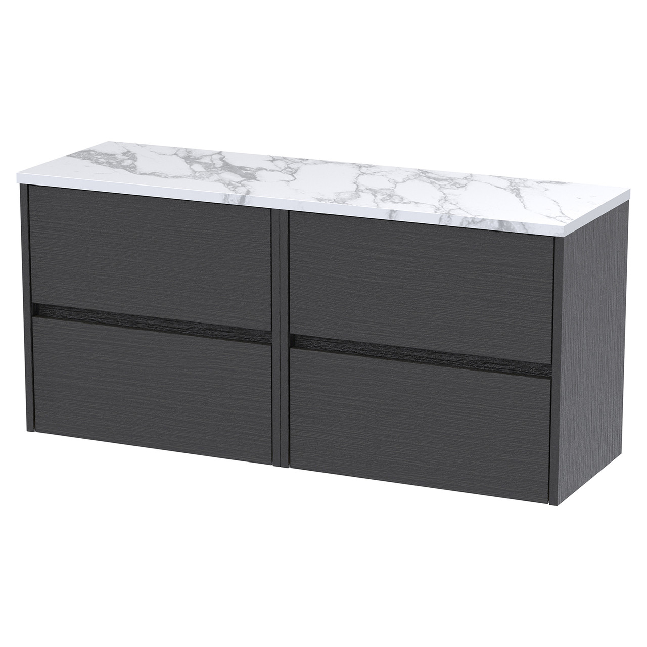 Nuie Graphite Grey Havana Woodgrain Wall Hung 4 Drawer Vanity Unit With Carrera Marble Laminate Worktop | | Mfc | 1200Mm