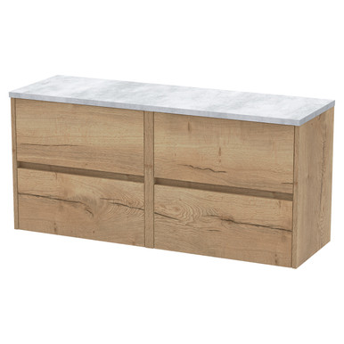 Nuie Autumn Oak Havana Woodgrain Wall Hung 4 Drawer Vanity Unit With Bellato Grey Worktop | | Mfc | 1200Mm