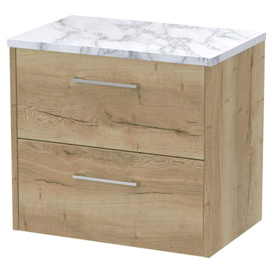 Hudson Reed Autumn Oak Juno Woodgrain Wall Hung 2 Drawer Vanity Unit With Carrera Marble Worktop | | Mfc | 600Mm