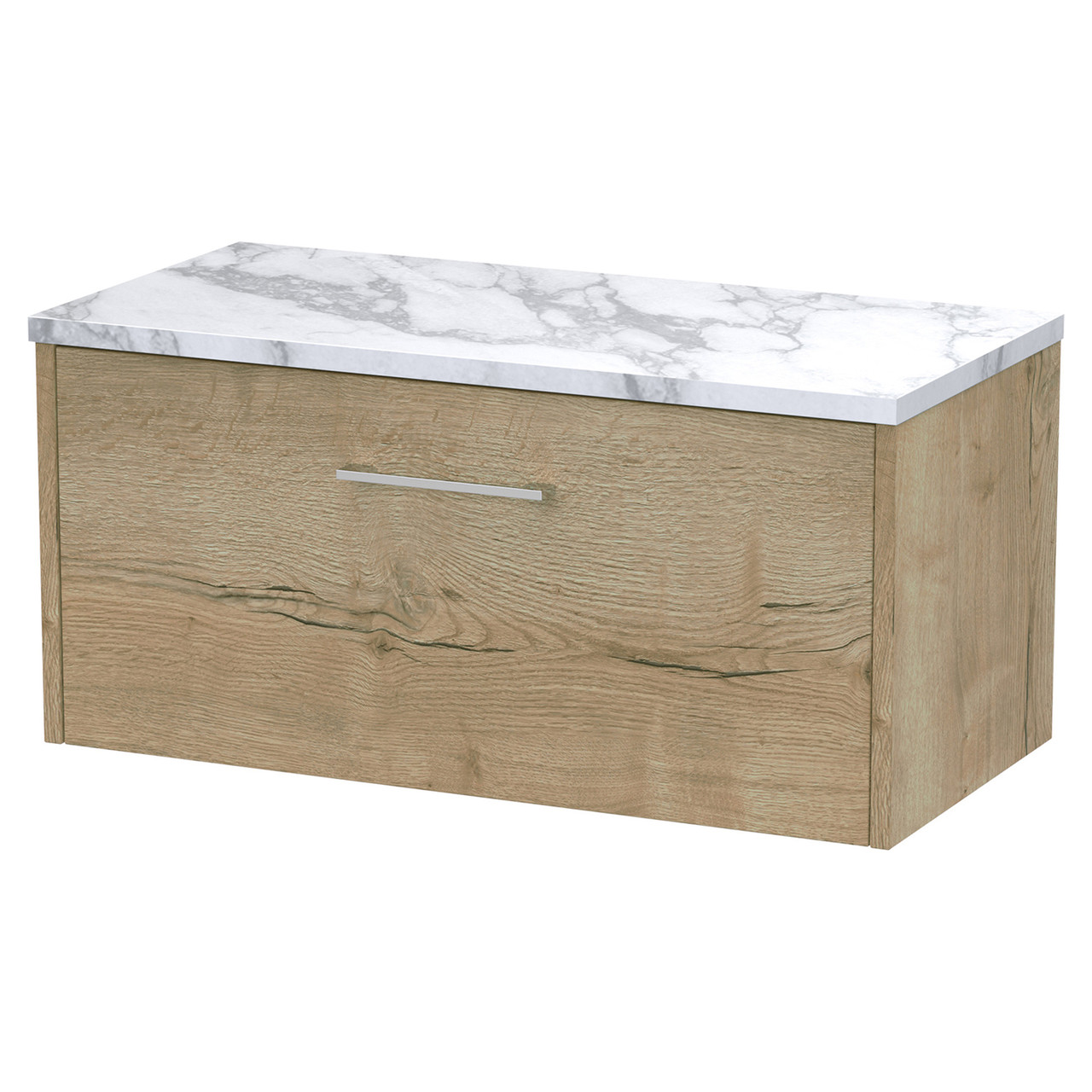 Hudson Reed Juno Woodgrain Wall Hung Single Drawer Vanity Unit with Carrera Marble Worktop