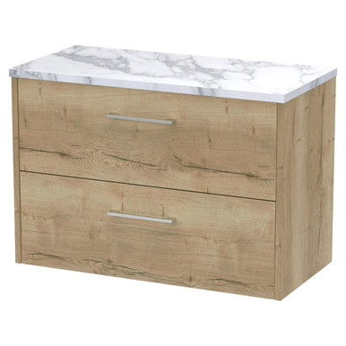 Hudson Reed Autumn Oak Juno Woodgrain Wall Hung Drawer Vanity Unit With Carrera Marble Worktop | | Mfc | 800Mm Size 2