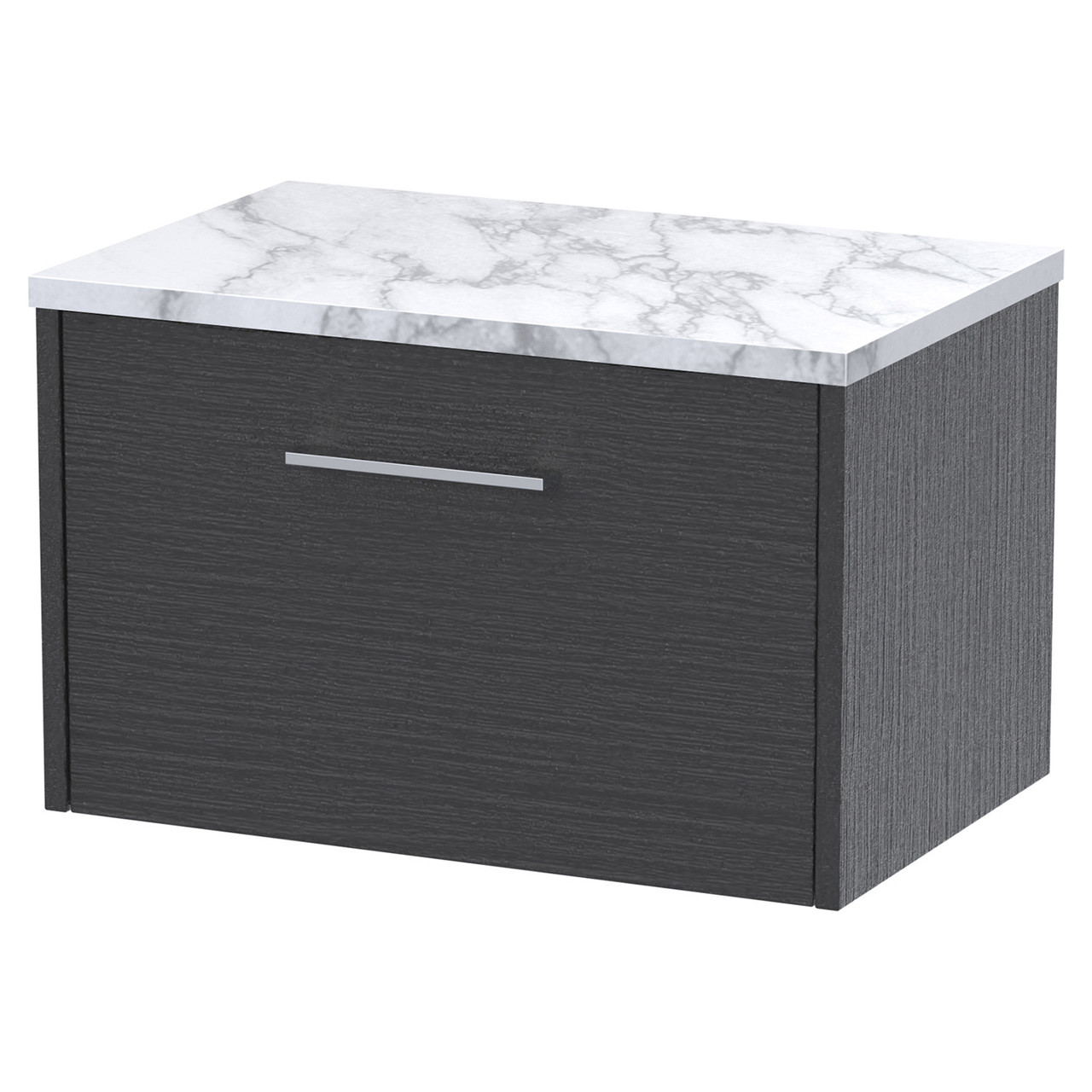 Hudson Reed Graphite Grey Juno Woodgrain Wall Hung Single Drawer Vanity Unit With Carrera Marble Worktop | | Mfc | 600Mm