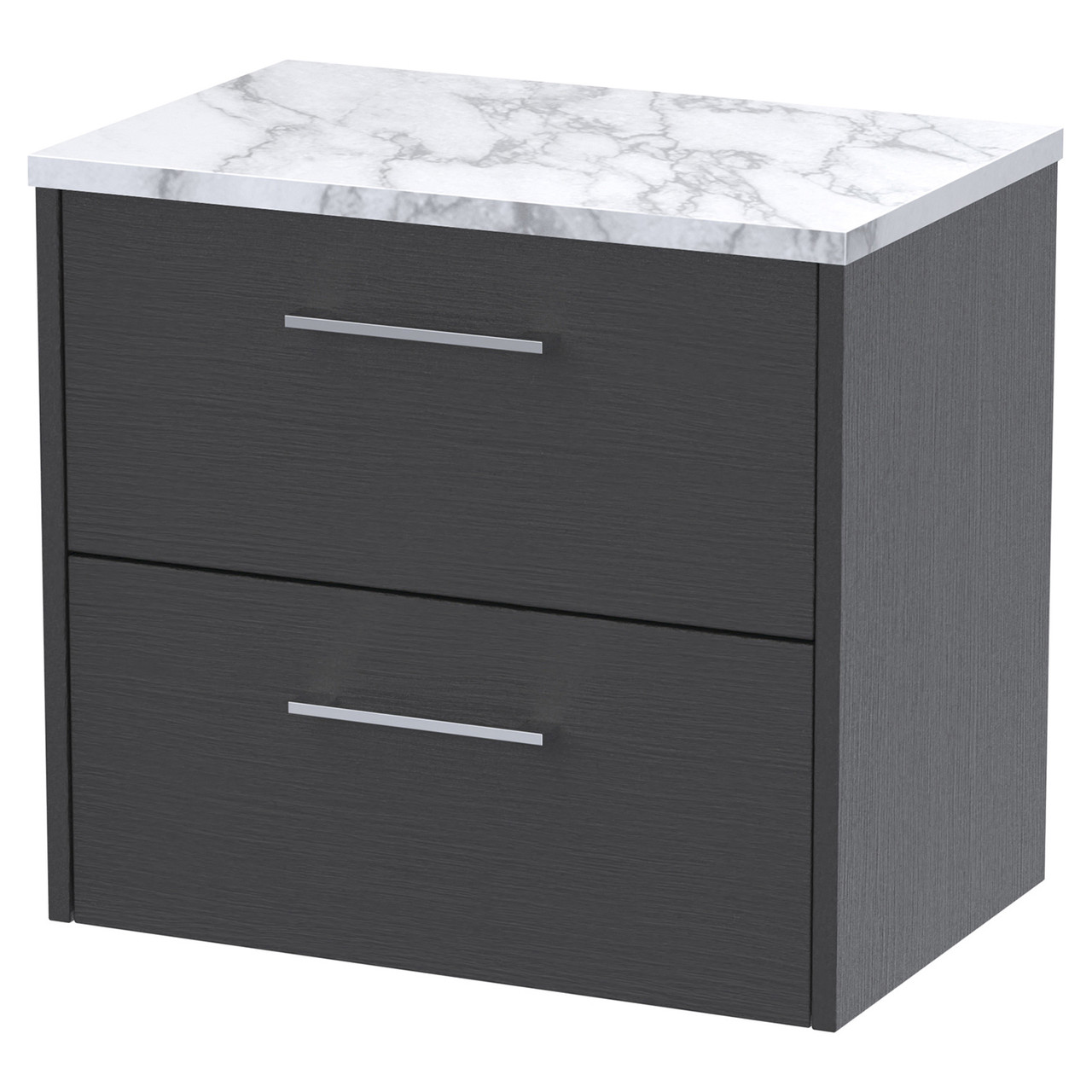Hudson Reed Graphite Grey Juno Woodgrain Wall Hung 2 Drawer Vanity Unit With Carrera Marble Worktop | | Mfc | 600Mm