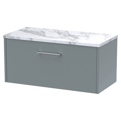 Hudson Reed Coastal Grey Juno Matt Wall Hung Single Drawer Vanity Unit With Carrera Marble Worktop | | Mfc | 800Mm