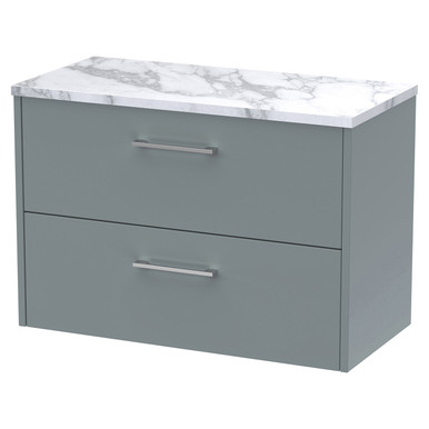 Hudson Reed Coastal Grey Juno Matt Wall Hung 2 Drawer Vanity Unit With Carrera Marble Worktop | | Mfc | 800Mm