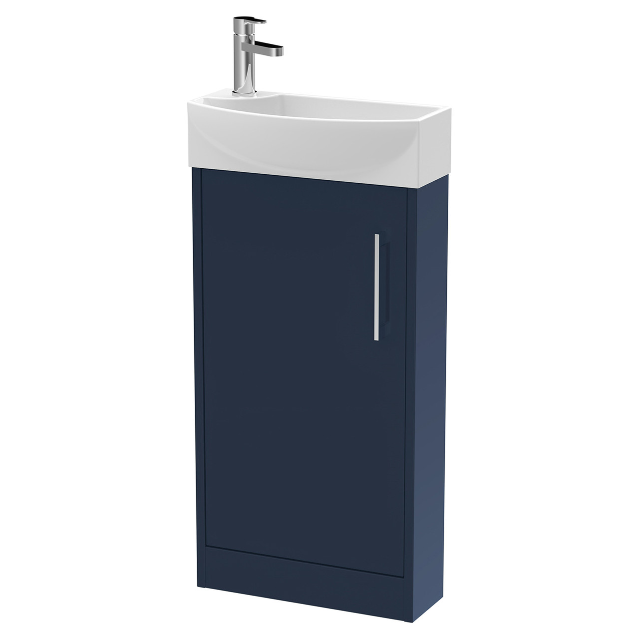 Hudson Reed Juno Compact Satin Single Door Vanity Unit and Right Hand Curved Ceramic Basin