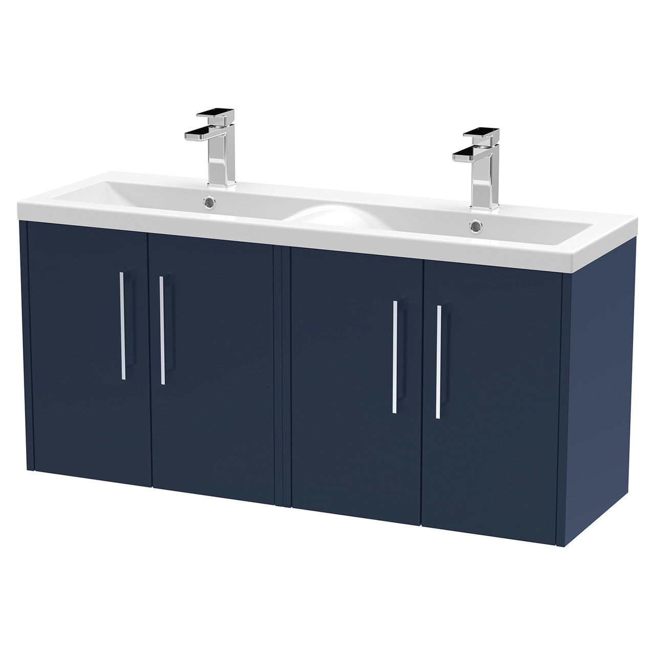 Hudson Reed Juno Satin Wall Hung 4 Door Vanity Unit and Twin Ceramic Basins