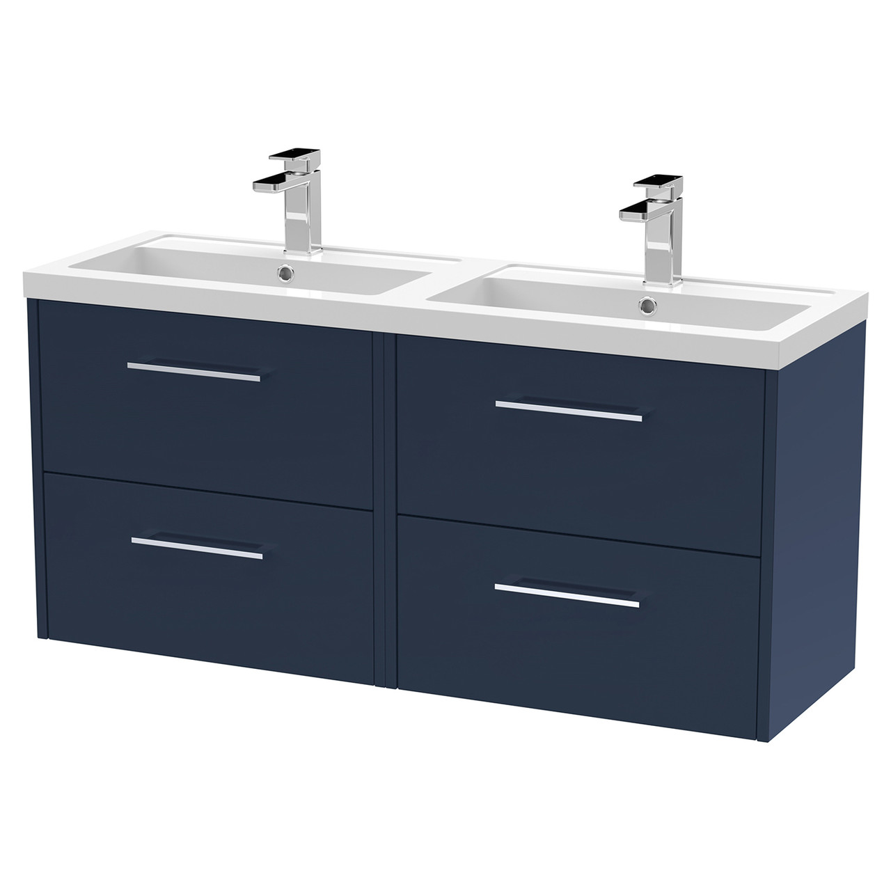 Hudson Reed Juno Satin Wall Hung 4 Drawer Vanity Unit and Twin Polymarble Basins