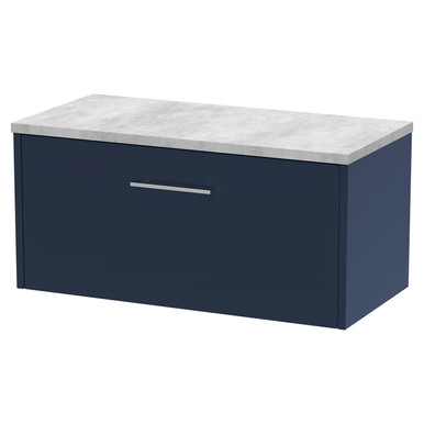 Hudson Reed Satin Midnight Blue Juno Wall Hung Single Drawer Vanity Unit With Bellato Grey Worktop | | Mfc | 800Mm Size 5