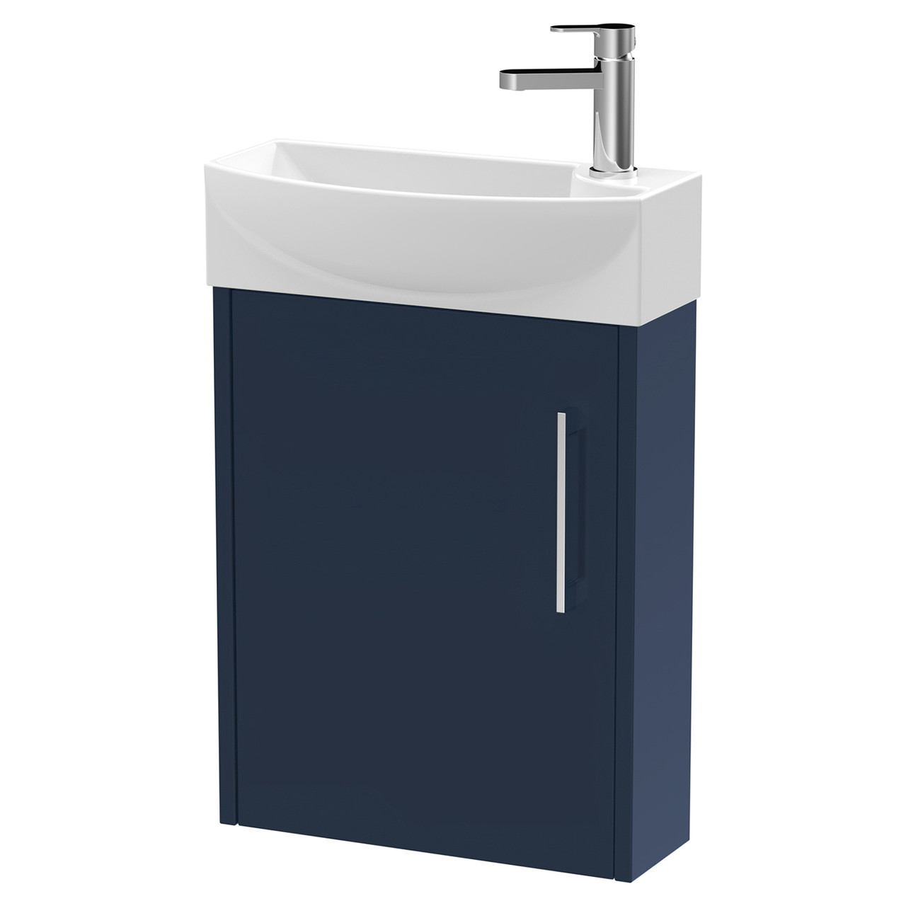 Hudson Reed Juno Compact Satin Wall Hung Single Door Vanity Unit and Left Hand Curved Ceramic Basin
