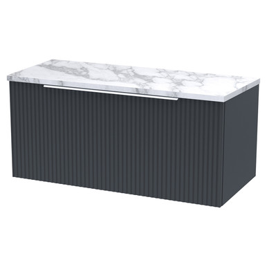 Hudson Reed Soft Black Fluted Satin Wall Mounted Single Drawer Vanity Unit With Carrera Marble Worktop | | Mfc | 800Mm Size 5