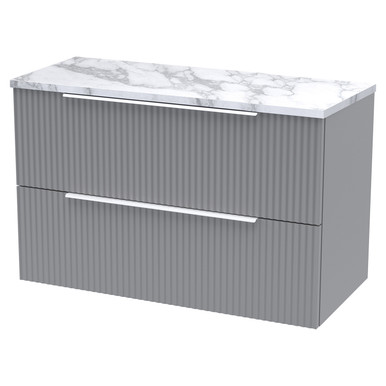 Hudson Reed Grey Fluted Satin Wall Mounted Drawer Vanity Unit With Carrera Marble Worktop | | Mfc | 800Mm Size 2