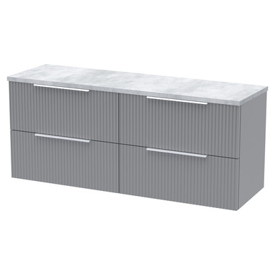 Hudson Reed Satin Grey Fluted Wall Mounted 4 Drawer Vanity Unit With Bellato Grey Worktop | | Mfc | 1200Mm