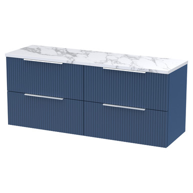 Hudson Reed Satin Blue Fluted Wall Hung 4 Drawer Vanity Unit With Carrera Marble Worktop | | Mfc | 1200Mm