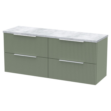 Hudson Reed Satin Green Fluted Wall Mounted 4 Drawer Vanity Unit With Bellato Grey Worktop | | Mfc | 1200Mm