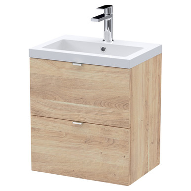 Hudson Reed Bleached Oak Fusion Woodgrain Wall Hung Drawer Combination Vanity Unit With Ceramic Basin | | Mfc | 500Mm Size 2