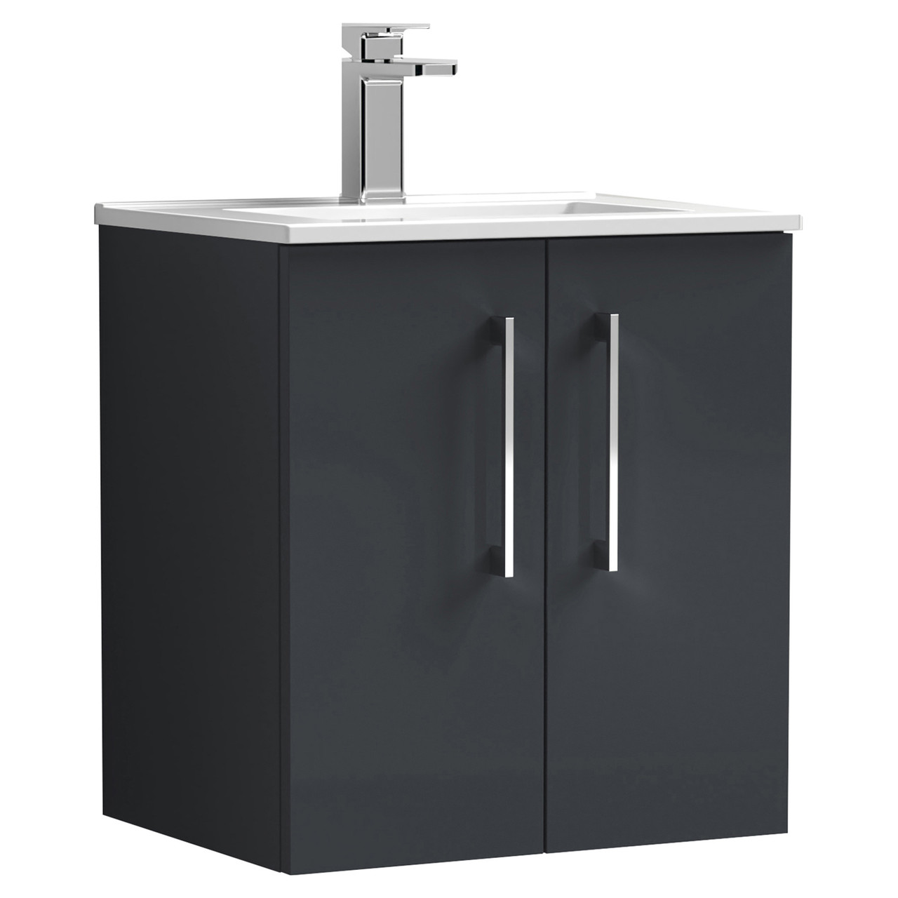 Nuie Arno Satin Wall Hung 2 Door Vanity Unit and Minimalist Ceramic Basin