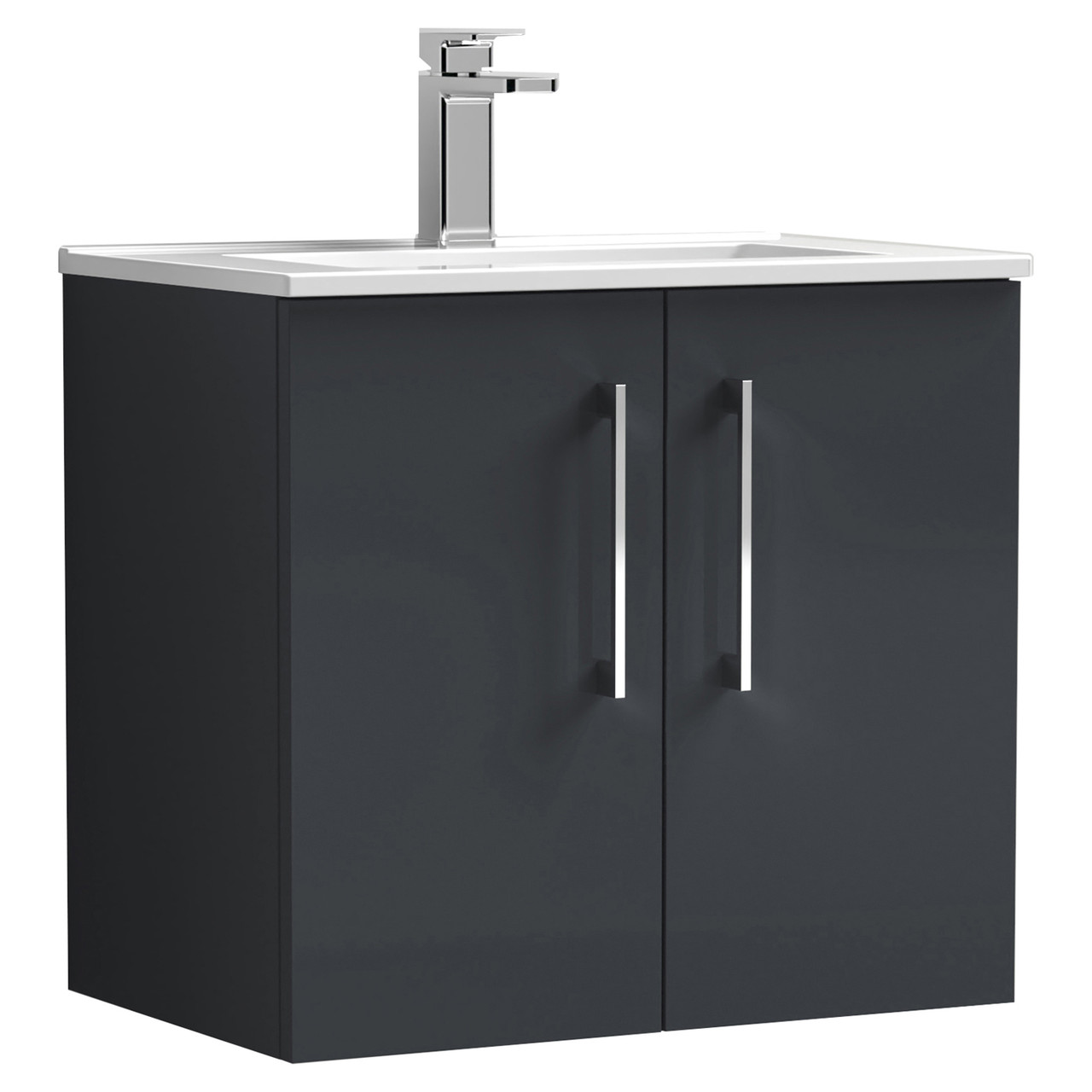Nuie Arno Satin Wall Hung 2 Door Vanity Unit and Minimalist Ceramic Basin