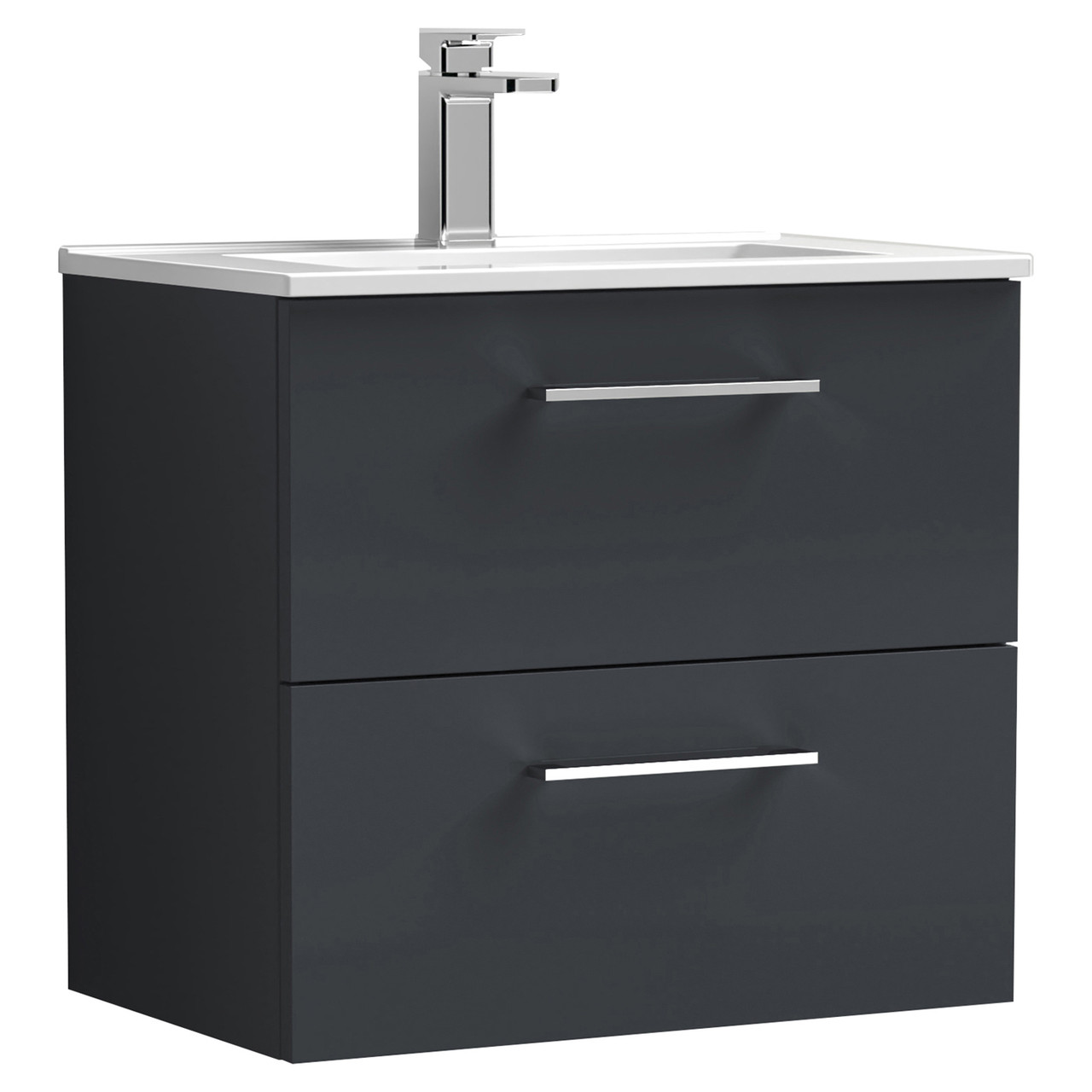 Nuie Arno Satin Wall Hung 2 Drawer Vanity Unit and Minimalist Ceramic Basin