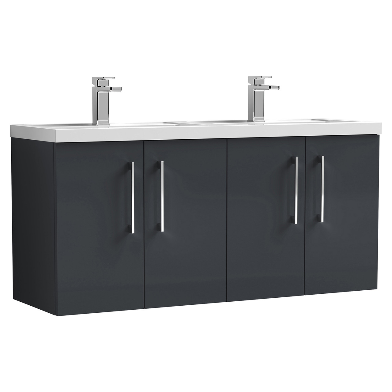 Nuie Arno Satin Wall Hung 4 Door Vanity Unit and Double Polymarble Basins