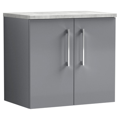 Nuie Satin Grey Arno Wall Hung 2 Door Vanity Unit With Bellato Grey Worktop | | Mdf | 600Mm