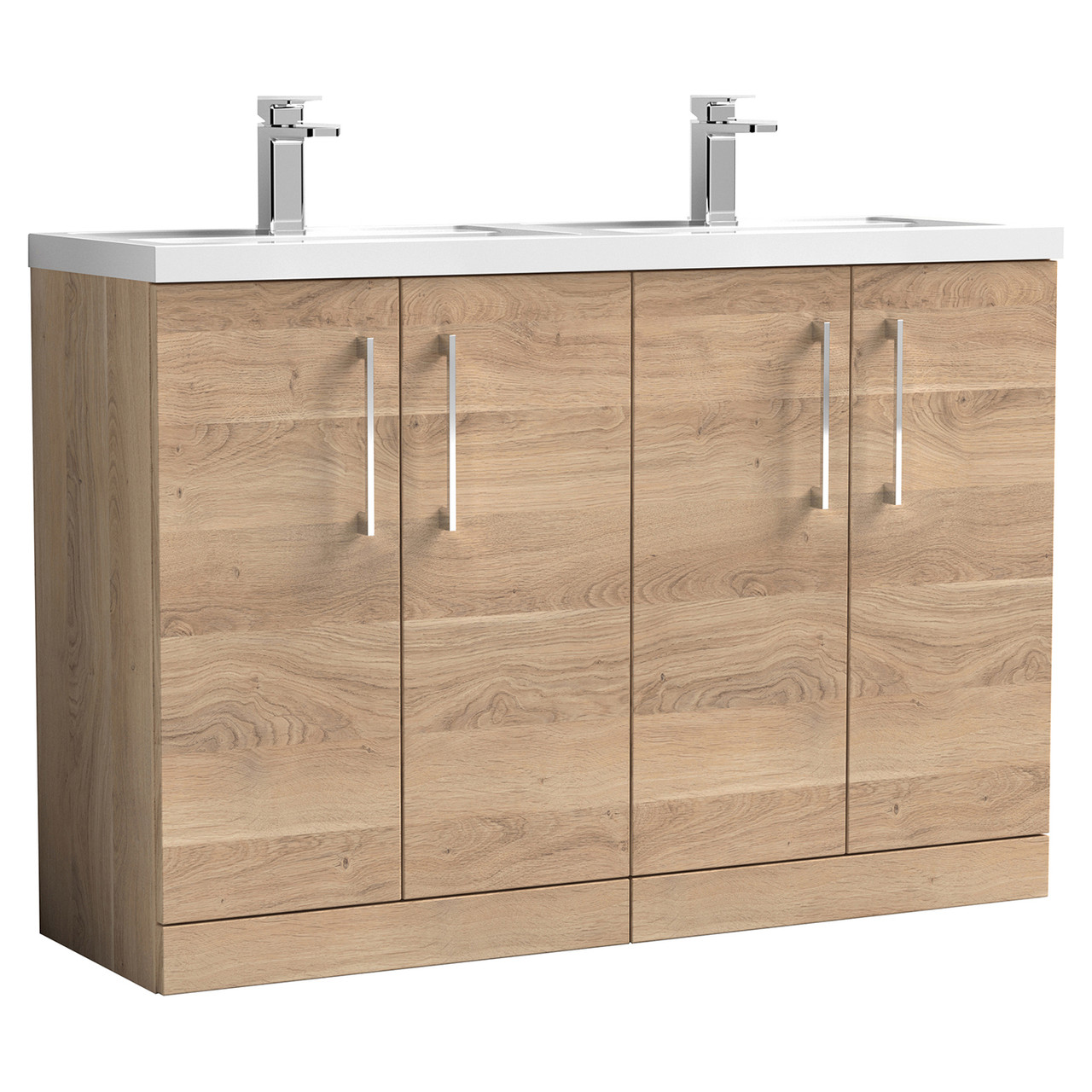Nuie Arno Woodgrain 4 Door Vanity Unit and Double Polymarble Basins