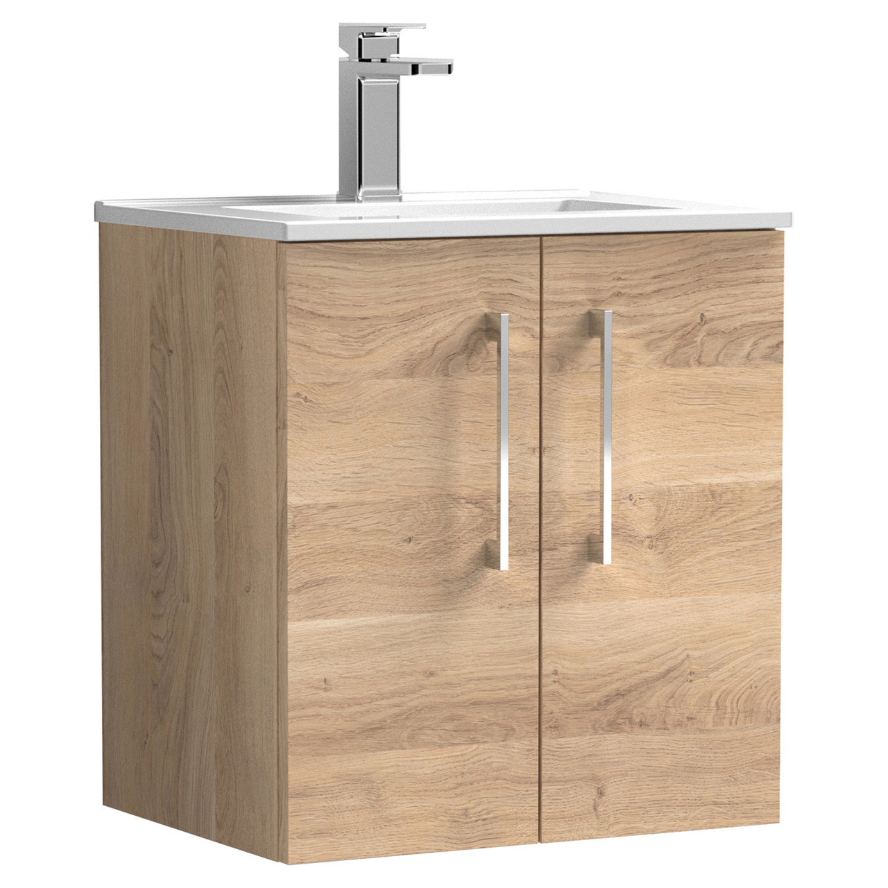 Nuie Arno Woodgrain Wall Hung 2 Door Vanity Unit and Minimalist Ceramic Basin