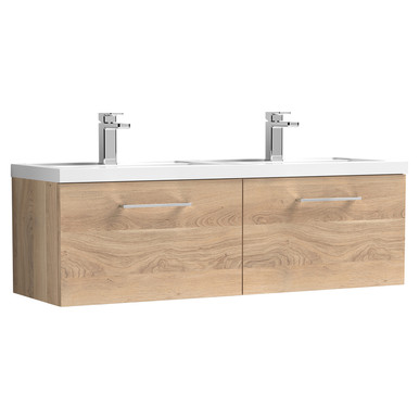 Nuie Bleached Oak Arno Woodgrain Wall Hung Drawer Vanity Unit And Double Polymarble Basins | | Mfc | 1200Mm Size 2