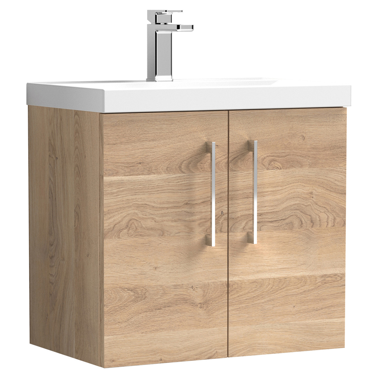 Nuie Arno Woodgrain Wall Hung 2 Door Vanity Unit and Mid Edge Ceramic Basin
